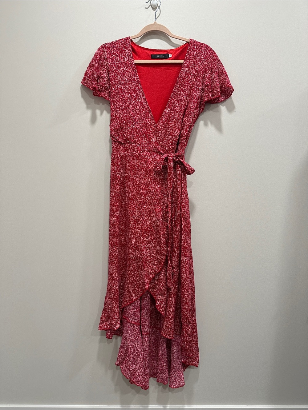 Red Floral High-Low Wrap Dress with Tie Waist